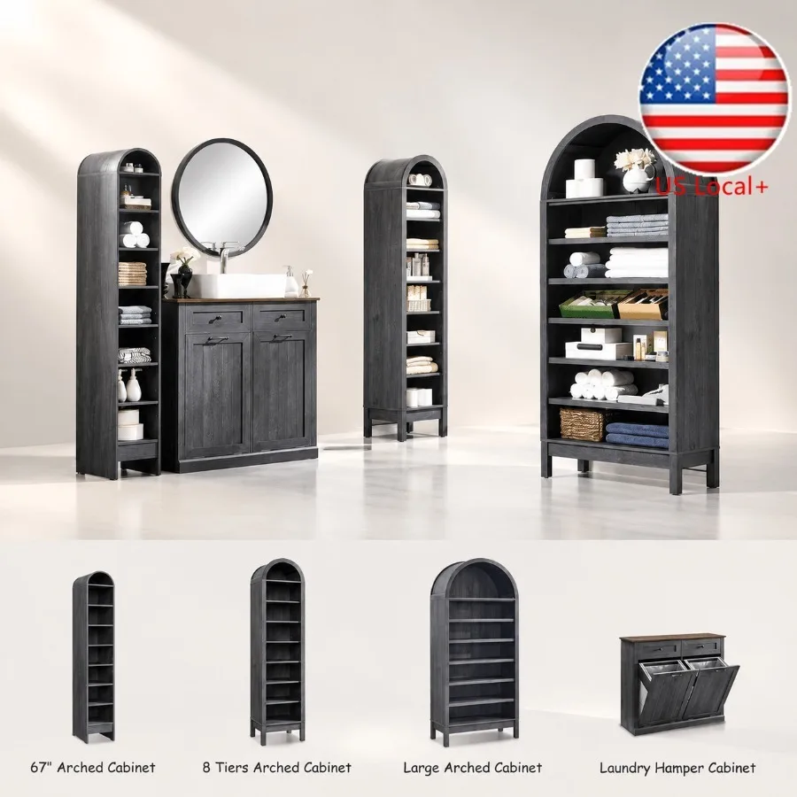 Storage & Organization - ตู้เก็บของในห้องน้ำทรงโค้งสูง 67 นิ้ว ตู้ไม้สไตล์ฟาร์มเฮาส์แบบตั้งพื้น 8 ชั้น