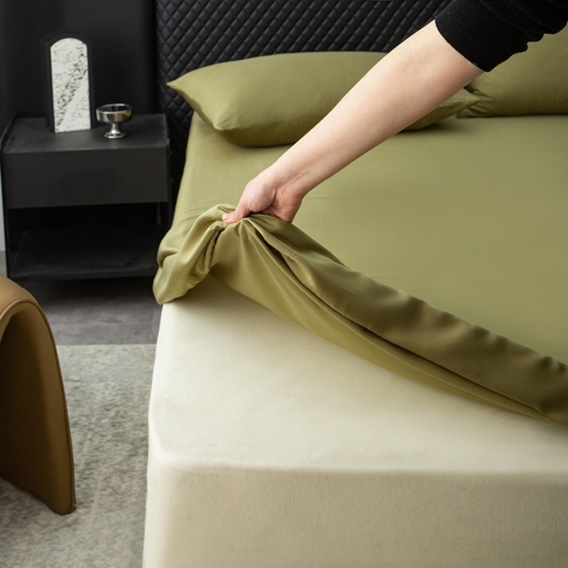Fitted Bed Sheets Deep Pocket - ผ้าปูที่นอนแบบรัดมุมทำจากไลโอเซลล์ธรรมชาติ สีเขียว สำหรับฤดูร้อน ช่วยระบายความร้อน พร้อมขอบลึกและสายรัดรอบ 360