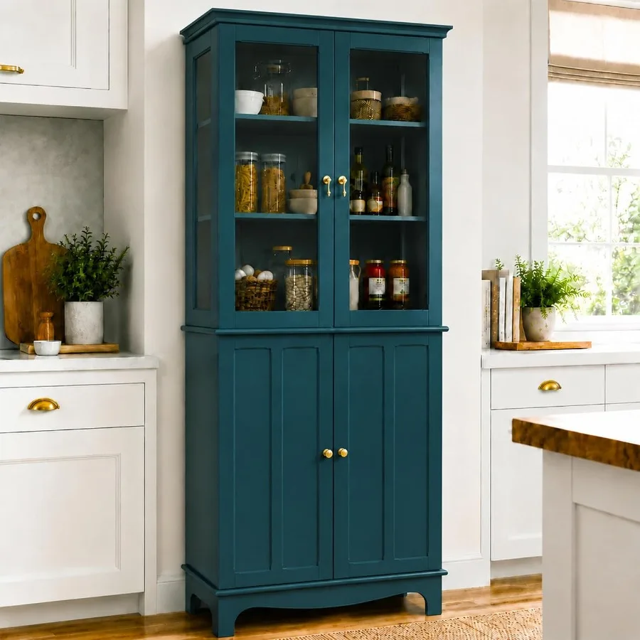 Kitchen - ตู้เก็บของสไตล์จีน 72 นิ้ว สำหรับห้องรับประทานอาหารและห้องนั่งเล่น ตู้เก็บของในครัวแบบตั้งพื้น สีเขียวอมฟ้าเข้ม