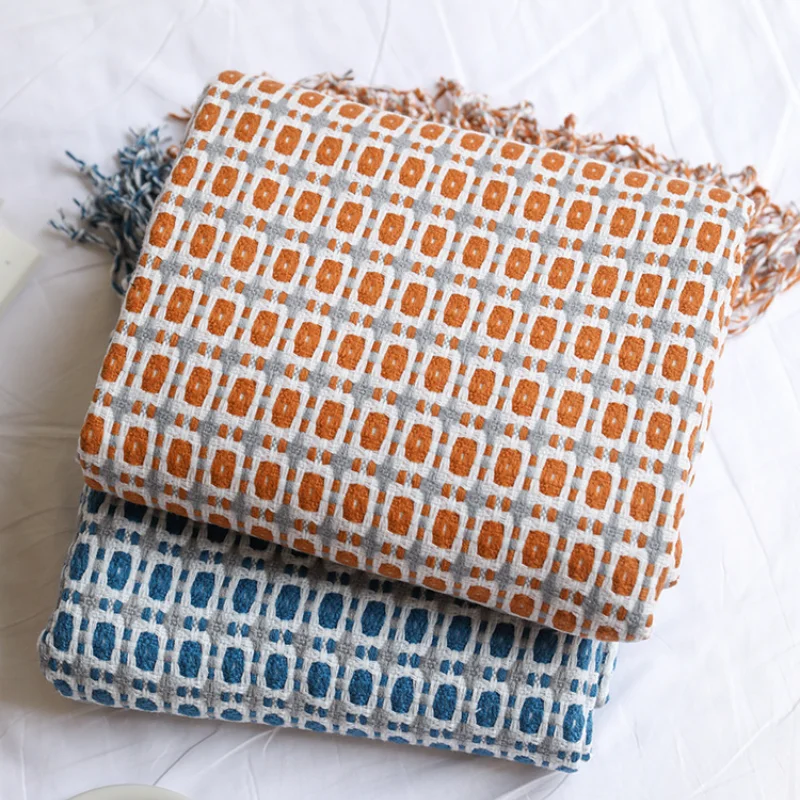Boho Throw Blanket Fringe - ผ้าห่มทอแจ็คการ์ดลายตารางเรขาคณิต ผ้าห่มพู่ลายตารางสไตล์โบโฮ ผ้าคลุมโซฟาทอสไตล์โมเดิร์นเรโทรพร้อมพู่ สำหรับตกแต่งบ้าน