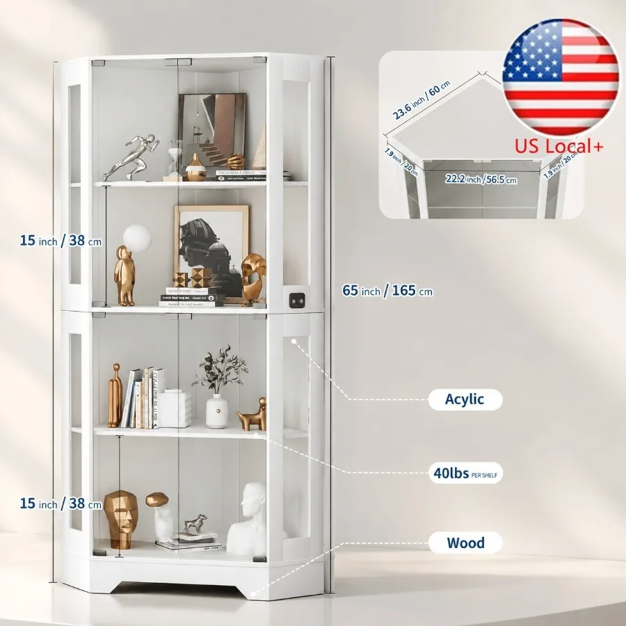 Storage & Organization - ตู้โชว์ของสะสมมุมห้องสีขาว ขนาด 65 นิ้ว พร้อมไฟ LED